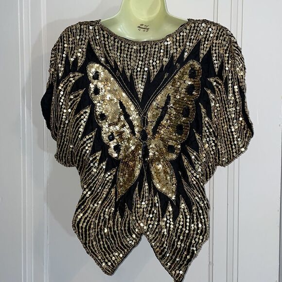 Vtg 70s/80s black silk & gold sequin disco butterfly blouse - Picture 7 of 8